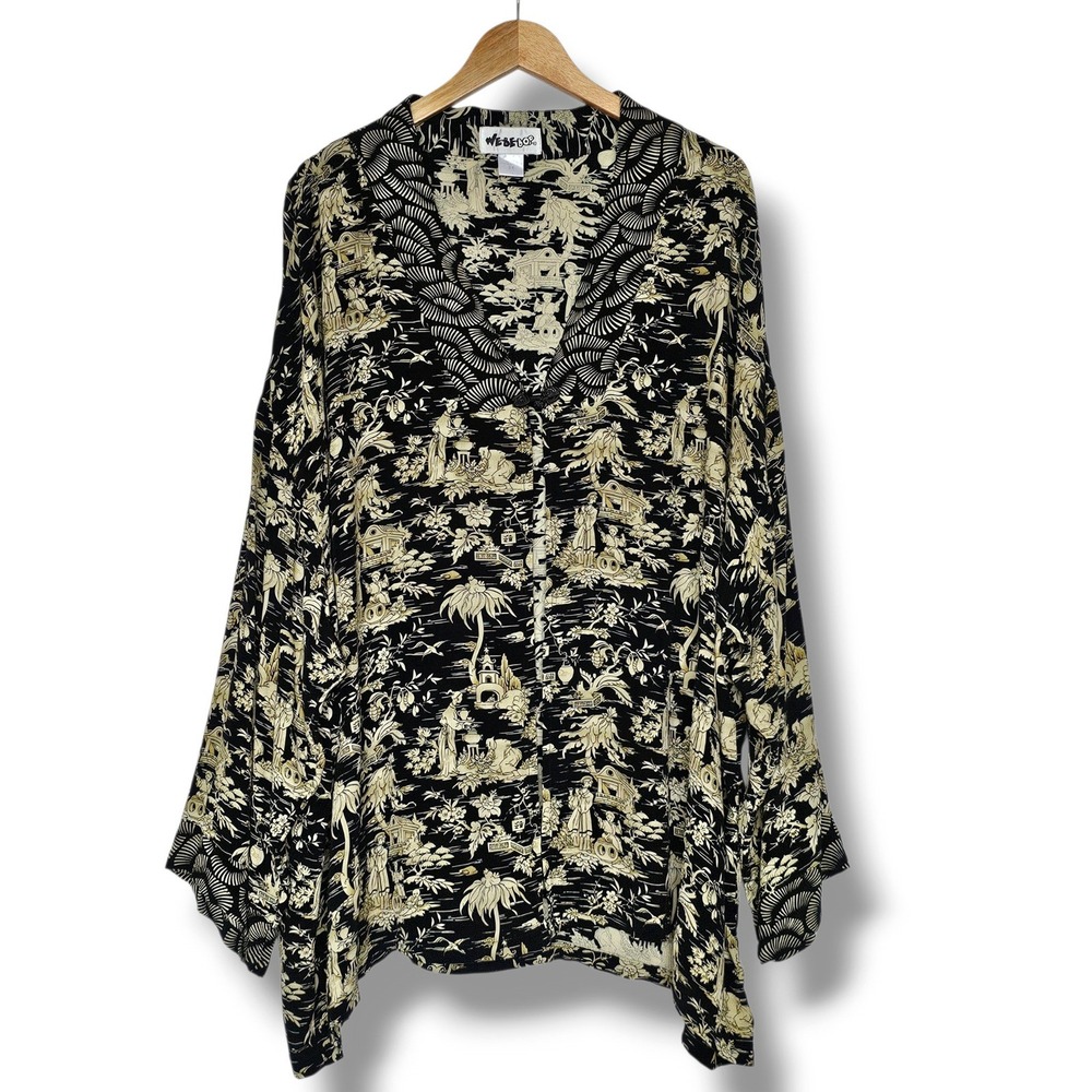 We Be Bop Top 3X Womens Black Cream Asian Kimono Toile Pagoda Frog Closure Artsy